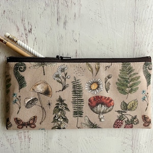 Mushroom & Moth Pencil Pouch: Woodland Zipper Pouch, Cottagecore Bag