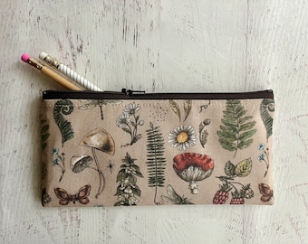 Woodland pencil pouch - mushroom and moth print bag