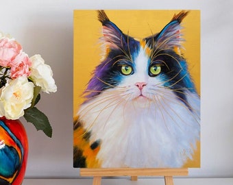 Pittura a olio originale - Pittura del gatto Tortie - Opera d'arte del gatto Maine Coon - Arte della parete del gatto Calico - Ritratto dell'animale domestico