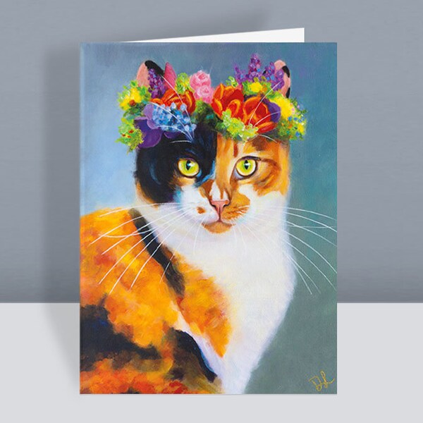 Calico Cat Card - Cute Cat Greetings Card - Tortie  Cat Card - Birthday Card - Flower Tiara - Cards For Cat Lovers