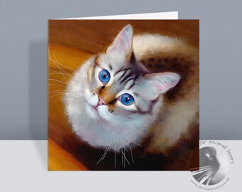 Blue Eyed Cat Card - Cute Cat Greetings Card - Snow Bengal Birthday Card - Thank You - Cards for Cat Lovers