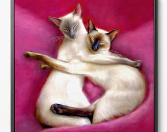 Siamese Cats Art Print: Cuddling Chocolate & Blue Point Meezers