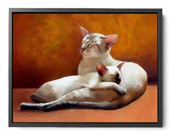 Siamkatze & Kätzchen Kunstdruck, Meezer Liebhaber Geschenk, gerahmte Leinwand Option