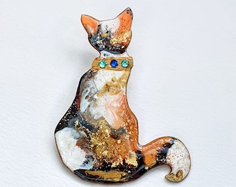 Tortie Cat Brooch - Calico Kitty Pin - Unique Cat Brooch - OOAK - Crystal Collar - Gifts For Cat Lovers