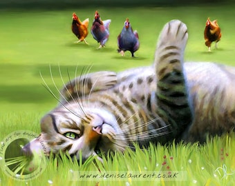 Tabby Cat Print - Cat And Chickens - Limited Edition Art - Tabby Cat Wall Art - Home Decor