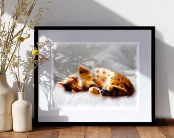 Bengaalse kat kunstprint: cadeau slapende kattenliefhebber, optie ingelijst canvas
