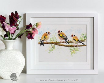 Goldfinch Watercolour Painting - Hand Painted Original Art - Watercolor - Garden Bird Artwork - 3 Goldfinches - Wall Art Framed Or Unframed