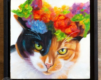 Pittura di gatto incorniciato - Pittura a olio dipinta a mano - Opera d'arte originale di gatto calico - Arte da parete di gatto fiore incorniciato - Spedizione gratuita