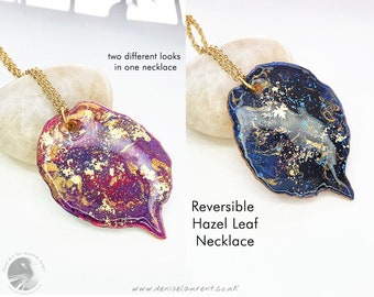 Hazel Leaf Necklace Double Sided - Handmade Leaf Pendant - Blue Gold / Purple Gold In A Gift Box