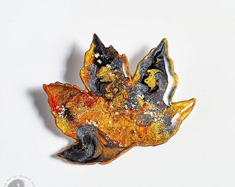 Sycamore Leaf Brooch - Handmade Leaf Pin- Black Gold Orange Fall Autumn Leaf - In A Gift Box