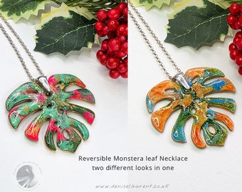 Monstera Necklace Double Sided - Handmade Monstera Pendant - Gren Pink / Orange Green In A Gift Box