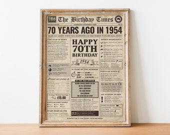 70th Birthday Newspaper Poster, Printable 70th Birthday Party Decor ...