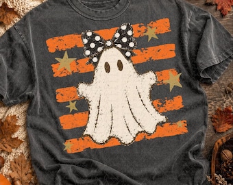 Distressed ghost bow Cute Pumpkin Stripes Paint PNG Fall Shirt Autumn Graphic Cozy Fall Sweatshirt Trending Minimalist Mom kids children