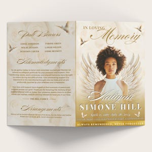 Plantilla de folleto de 8 páginas para el programa funerario de un ángel dorado (8.5" x 11"), Canva, beige dorado, estilo revista, obituario de una mujer, celebración de la vida (8 páginas)