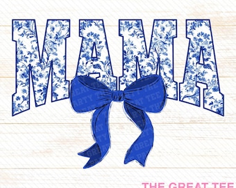 Mama blue Floral Toile Chinoiserie team  Water Color Coquette Bow Clip Art Printable Dtf Dtg Sublimation Design Team