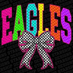 Eagles neon Checkered trendy distressed School Spirit PNG School Mascot Go Team Preppy Mascot Png Trending Png Jackets varsity DTG DTF