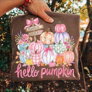May include: A brown t-shirt featuring a graphic print of various colorful pumpkins, flowers, and a wooden sign that reads PUMPKIN PATCH. The design includes a pink bow, polka dots, and plaid patterns, with the text hello pumpkin written in pink script.