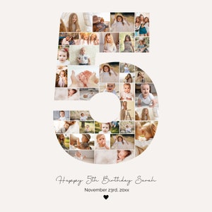 Modello di collage fotografico per il 5° compleanno, cartello per la pietra miliare della foto del 5° compleanno, numero 5, modello di poster fotografico modificabile per il 5° compleanno, PC01