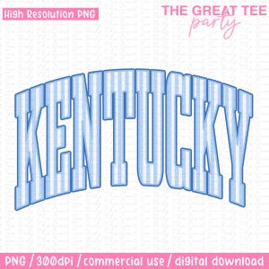 May include: A light blue and white striped "KENTUCKY" graphic in a curved, arched design. The text is outlined in a darker blue. The words "THE GREAT TEE party" are in pink above the main text.