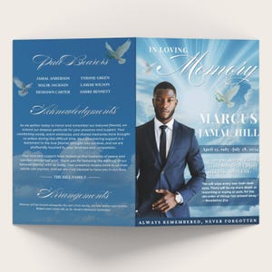 Funeral Memorial program, 8 pages, 8.5x11 inch, Blue Cloud Funeral Program, Celebration of Life, Keepsake, Digital Download, Canva Template