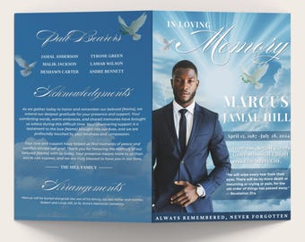 Funeral Memorial program, 8 pages, 8.5x11 inch, Blue Cloud Funeral Program, Celebration of Life, Keepsake, Digital Download, Canva Template
