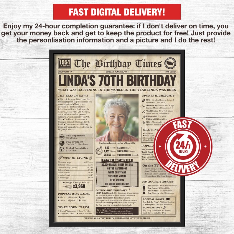 70th Birthday Newspaper Template Poster, Printable 70th Birthday Party ...