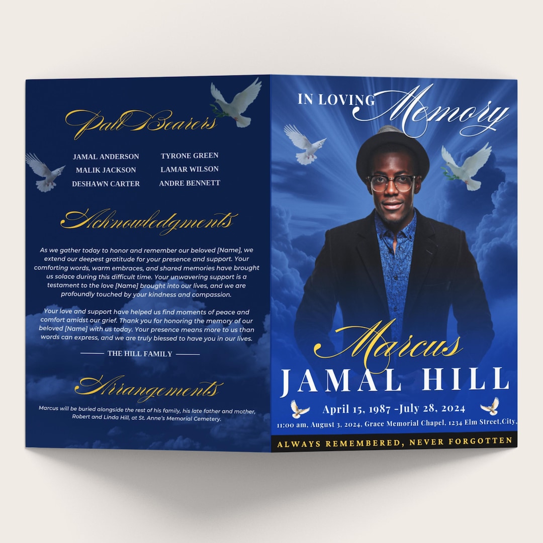Dark Blue Funeral Program Template: Celebration of Life, 8 Pages ...