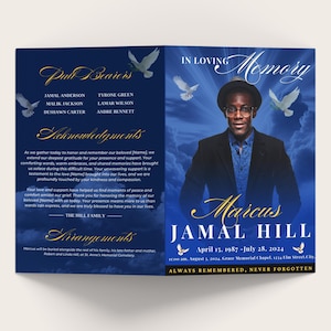 Dark blue Funeral Memorial program, 8 pages, 8.5x11 inch, Funeral Program, Celebration of Life, Keepsake, Digital Download, Canva Template