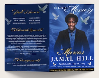 Dark blue Funeral Memorial program, 8 pages, 8.5x11 inch, Funeral Program, Celebration of Life, Keepsake, Digital Download, Canva Template