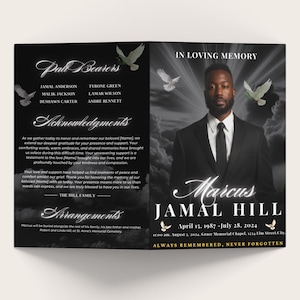Funeral Memorial program, 8 pages, 8.5x11 inch, elegant black Funeral Program, Celebration of Life, Keepsake Digital Download Canva Template