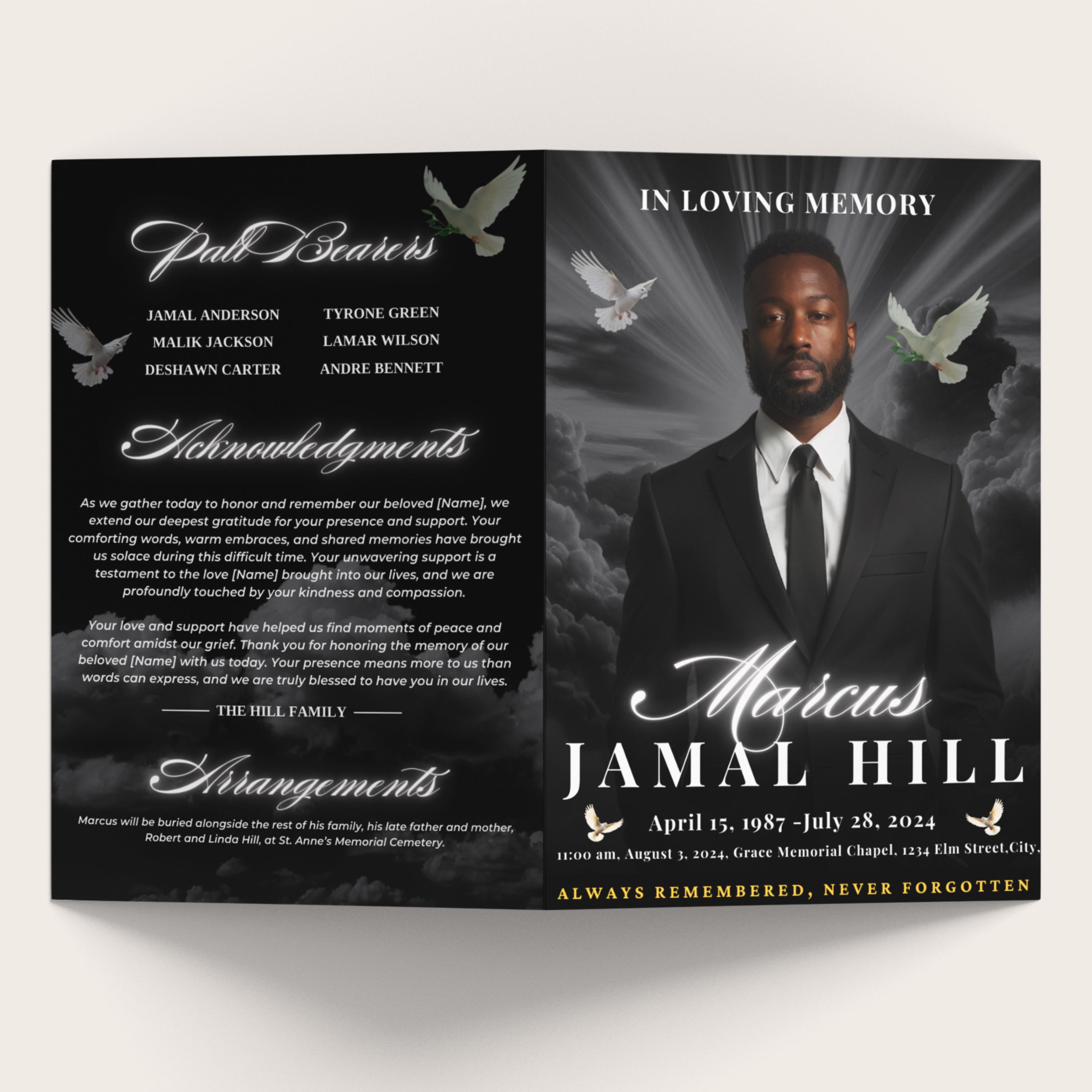 Funeral Memorial program, 8 pages, 8.5x11 inch, elegant black Funeral Program, Celebration of Life, Keepsake Digital Download Canva Template