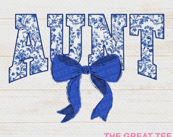 Aunt blue Floral Toile Chinoiserie team  Water Color Coquette Bow Clip Art Printable Dtf Dtg Sublimation Design Team