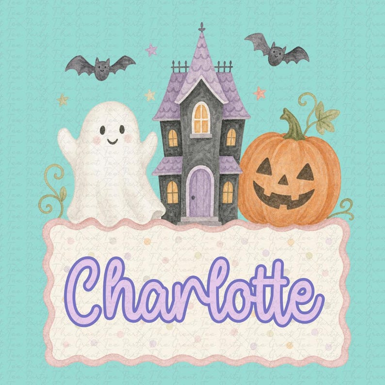 May include: A digital illustration on a light blue background featuring a white ghost, a dark gray haunted house with purple accents, two bats, and an orange jack-o'-lantern. Below these, a scalloped rectangular sign displays the name Charlotte.