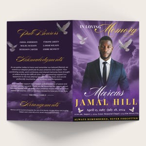 Purple Funeral Memorial program, 8 pages, 8.5x11 inch, Cloud Funeral Program, Celebration of Life, Keepsake Digital Download, Canva Template