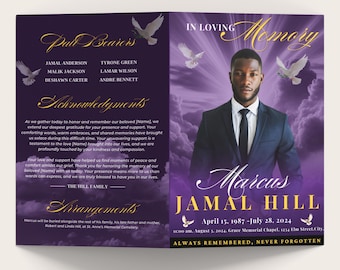 Purple Funeral Memorial program, 8 pages, 8.5x11 inch, Cloud Funeral Program, Celebration of Life, Keepsake Digital Download, Canva Template