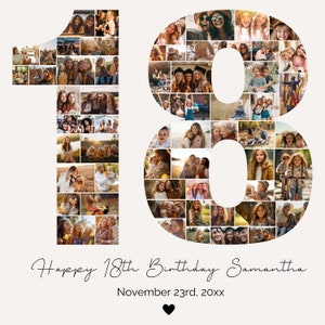 Collage fotografico per il 18° compleanno, regalo per il 18° compleanno, numero di compleanno 18 stampabile, modello di collage fotografico per il 18° compleanno, modificabile per il 18° compleanno PC01