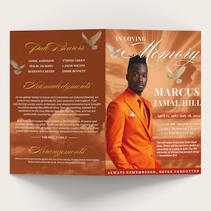 Orange Funeral Memorial program, 8 pages, 8.5x11 inch, Funeral Program, Celebration of Life, Keepsake, Digital Download, Canva Template