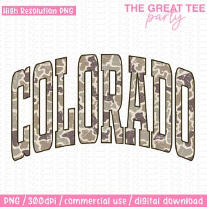 May include: A digital graphic displaying the word "COLORADO" in a distressed, curved font. The letters are filled with a camouflage pattern in brown, tan, and grey. The words "High Resolution PNG" and "THE GREAT TEE party" are also present.