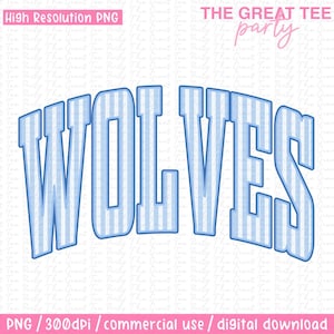 May include: A digital graphic featuring the word "WOLVES" in large, stylized, light blue letters with vertical striped detailing. The text is arched and set against a white background. The phrase "THE GREAT TEE party" is above the word "WOLVES".