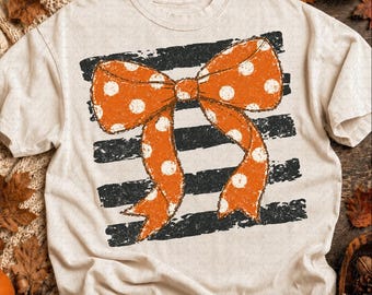 Distressed Bow Cute Pumpkin Stripes Paint PNG Fall Shirt Autumn Graphic Cozy Fall Sweatshirt Trending Fall Minimalist Mom kids children