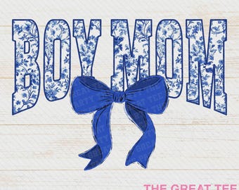 Boy Mom blue Floral Toile Chinoiserie team  Water Color Coquette Bow Clip Art Printable Dtf Dtg Sublimation Design Team