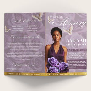 Plantilla de folleto de 8 páginas para programa funerario morado (21,5 x 28 cm), Canva, beige dorado, estilo revista, obituario femenino, celebración de la vida, 8 páginas