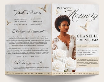 8 Page White Rose Funeral Program 8.5&quot;x11&quot; BOOKLET Template, Canva, Beige Gold Magazine-Style, Women&#39;s Obituary Celebration of Life, 8 Pages