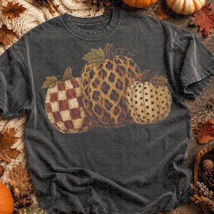Op de afbeelding: Een antracietgrijs t-shirt met korte mouwen en een grafische print van drie pompoenen. De linkerpompoen heeft een rood-wit geblokt patroon, de middelste pompoen een bruine luipaardprint en de rechterpompoen een beige stippenpatroon.