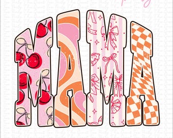 Groovy Retro Mama Cherry Bow Trendy Mama Sublimation, Flame Smiley Lightning Bolt png, geruite vintage Mama Aesthetic, preppy Mama png