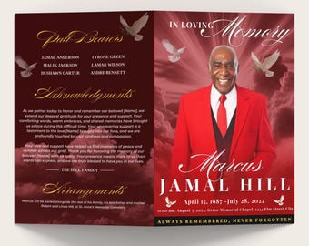 Red Funeral Memorial program, 8 pages, 8.5x11 inch, Cloud Funeral Program, Celebration of Life, Keepsake Digital Download, Canva Template