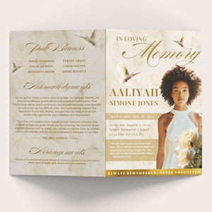 Plantilla de folleto de 8 páginas para programa funerario de rosas (8,5" x 11"), Canva, beige dorado, estilo revista, obituario femenino, celebración de la vida, 8 páginas