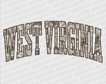 Typografia Camo States w stylu retro z Wirginii Zachodniej, zniszczona, School Spirit PNG, maskotka Go Team, maskotka Preppy, modne kurtki, uniwersyteckie DTG, DTF