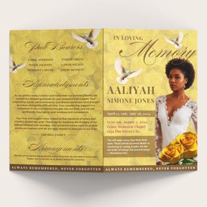 Plantilla de obituario de rosa amarilla (8,5" x 11"), 8 páginas, estilo amarillo, programa funerario, celebración de la vida de mujeres, plantilla de Canva de obituario de rosa amarilla.