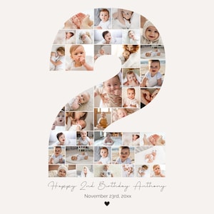 Modello di collage fotografico per il 2° compleanno, cartello per la pietra miliare della foto del 2° compleanno, numero 2, modello di poster fotografico modificabile per il 2° compleanno, PC01